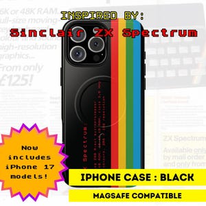 May include: Black iPhone case with a colorful vertical stripe design inspired by the Sinclair ZX Spectrum. The case includes the text "IPHONE CASE: BLACK" and "MAGSAFE COMPATIBLE". The case is compatible with iPhone 17 models.