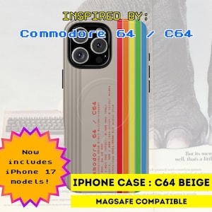 May include: Beige iPhone case with a retro design inspired by the Commodore 64 computer. The case features a vertical rainbow stripe and text that reads "Commodore 64 / C64". It is Magsafe compatible and includes iPhone 17 models.