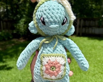 Crocheted Mushroom Whimsy Doll – Teal Plush Doll with Bonnet & Granny Pocket – Fantasy Cottagecore Plush for All Ages