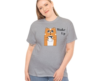 May include: A gray t-shirt with a cartoon orange cat holding a cup of coffee. The text "Wake Up" is printed on the shirt.