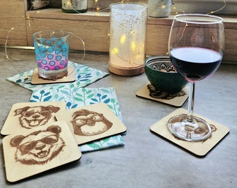 sous verres bois collection "animaux à lunettes"