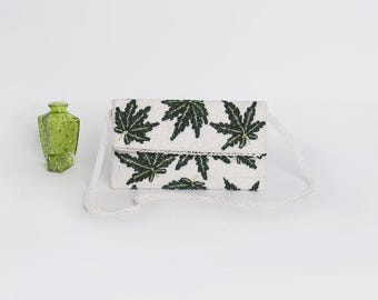 Rebecca Hand-Embroidered Beaded Clutch – White Beads with Green Leaf Design – Elegant Handmade Evening Bag