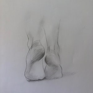 May include: A pencil drawing of two bare feet walking away from the viewer.