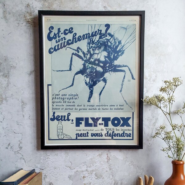 Affiche publicité ancienne 1928 Flytox format A3 impression bleue sur papier