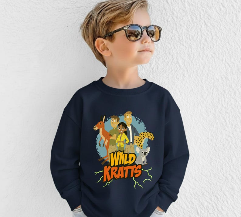 May include: Navy blue sweatshirt featuring a colorful graphic of characters and animals from the animated series "Wild Kratts." The design includes a kangaroo, cheetah, and koala. The words "Wild Kratts" are in orange and yellow.