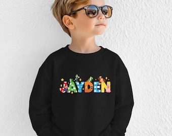 Custom Kids Sweatshirt, Personalized Name Sweater, Super Brothers Birthday Outfit, Video Game Party Top, Gamer Youth Gift
