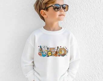 Kids Music Band Sweatshirt, Cute Instruments Guitar Drum Sweater, Rock and Roll Baby Clothes, Musical Toddler Crewneck