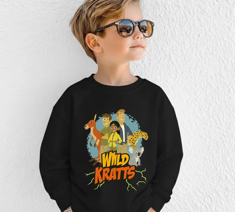 May include: Black sweatshirt featuring a colorful graphic of cartoon characters and animals, including a kangaroo, cheetah, and koala. The text "Wild Kratts" is displayed in yellow and orange. The sweatshirt is worn by a child.