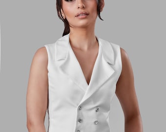 Ponte de Roma Double Breasted Vest Office Summer Vest, Elegant Formal Wear, Women's Skirt