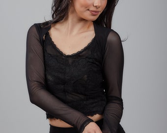 Manga larga Sheer Power Mesh Shrug, Bolero de manga larga para mujer, Ropa de noche elegante, Top corto suave y mantecoso