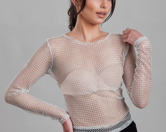 Long Sleeve Rhinestone Studded Stretch Net Top, Women's Clothing, Sheer Date Night Outfit, Designer Couture