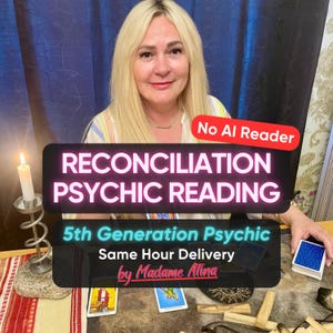 May include: A blonde person sits behind a table with tarot cards, a lit candle in a metal holder, and wooden sticks. Text overlays read: No AI Reader, RECONCILIATION PSYCHIC READING, 5th Generation Psychic, Same Hour Delivery, and by Madame Atina.