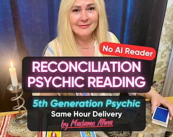 May include: A blonde person sits behind a table with tarot cards, a lit candle in a metal holder, and wooden sticks. Text overlays read: No AI Reader, RECONCILIATION PSYCHIC READING, 5th Generation Psychic, Same Hour Delivery, and by Madame Atina.
