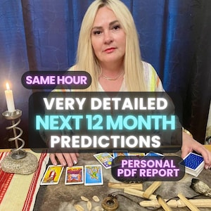 May include: A woman with blonde hair is surrounded by tarot cards, with the text "SAME HOUR, VERY DETAILED, NEXT 12 MONTH PREDICTIONS, PERSONAL PDF REPORT." A lit candle in a holder is visible. The image suggests a psychic or fortune-telling service.