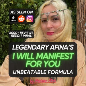 May include: A silver-toned headpiece featuring intricate metalwork and small green beads worn across the forehead. Text overlays include AS SEEN ON TIKTOK REDDIT INSTAGRAM, 6000+ REVIEWS REDDIT VIRAL, LEGENDARY AFINA'S I WILL MANIFEST FOR YOU UNBEATABLE FORMULA.
