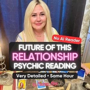 May include: A psychic reading service advertisement featuring a blonde person and tarot cards. Text overlays include "No AI Reader", "FUTURE OF THIS RELATIONSHIP PSYCHIC READING", "Very Detailed • Same Hour", and "by Madame Alina" in pink script.