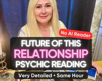 Può includere: Un annuncio per un servizio di lettura psichica con una persona bionda e carte dei tarocchi. Il testo include "No AI Reader", "FUTURE OF THIS RELATIONSHIP PSYCHIC READING", "Very Detailed • Same Hour" e "by Madame Alina" in rosa.