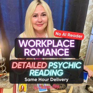 Könnte beinhalten: Eine blonde Person sitzt hinter einem Tisch mit Tarotkarten, einer Kerze und einem kleinen runden Objekt. Die Texteinblendungen lauten: No AI Reader, WORKPLACE ROMANCE, DETAILED PSYCHIC READING, Same Hour Delivery und by Madame Alma.