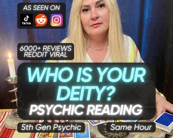 Peut inclure: Une personne aux longs cheveux blonds est assise derrière une table avec des cartes de tarot, une bougie allumée et des bâtonnets de bois. Le texte inclut AS SEEN ON TIKTOK REDDIT INSTAGRAM, 6000+ REVIEWS REDDIT VIRAL, WHO IS YOUR DEITY? PSYCHIC READING.