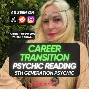 Op de afbeelding: Een zilverkleurig hoofdaccessoire met ingewikkeld metaalwerk en kleine groene kralen gedragen op het voorhoofd. De afbeelding bevat tekstoverlays met AS SEEN ON TIKTOK REDDIT INSTAGRAM, 6000+ REVIEWS REDDIT VIRAL, CAREER TRANSITION PSYCHIC READING, 5TH GENERATION PSYCHIC en by Madame Alina.