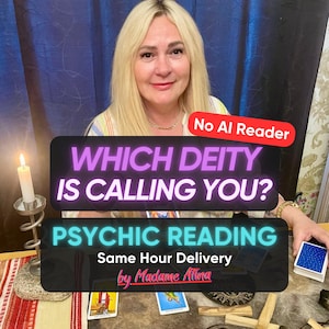 May include: A psychic reading service listing featuring a blonde person behind a table with tarot cards, a lit white candle in a metal holder, and wooden sticks. Text overlays read: No AI Reader, WHICH DEITY IS CALLING YOU?, PSYCHIC READING.