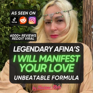 May include: A silver-toned headpiece featuring intricate metalwork and small green beads worn across the forehead. The image includes text overlays stating AS SEEN ON TIKTOK REDDIT INSTAGRAM, 6000+ REVIEWS REDDIT VIRAL, LEGENDARY AFINA'S I WILL MANIFEST YOUR LOVE UNBEATABLE FORMULA by Madame Afina.