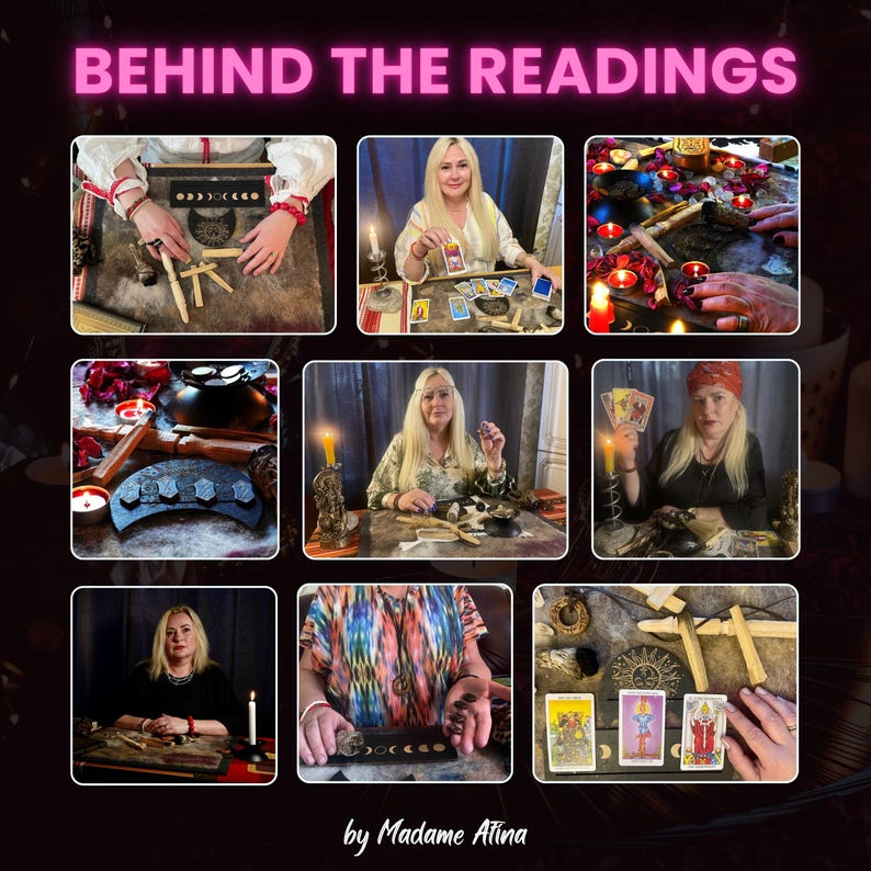 以下が含まれることがあります： Madame Atinaによる「BEHIND THE READINGS」と題された9枚の画像のコラージュ。キャンドル、クリスタル、木製の月相、セージの束を使ってタロットカードのリーディングを行う様子がテーブルの上で表現されています。