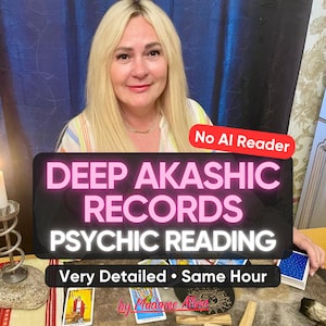 May include: A blonde individual sits behind a table with tarot cards, a sun-themed circular disc, and a candle holder. Text overlays read: No AI Reader, DEEP AKASHIC RECORDS PSYCHIC READING, Very Detailed • Same Hour, and by Madame Alina.