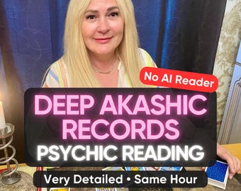 Könnte beinhalten: Eine blonde Person sitzt hinter einem Tisch mit Tarotkarten, einer sonnenförmigen Scheibe und einem Kerzenhalter. Textüberlagerungen zeigen: No AI Reader, DEEP AKASHIC RECORDS PSYCHIC READING, Very Detailed • Same Hour, und by Madame Alina.