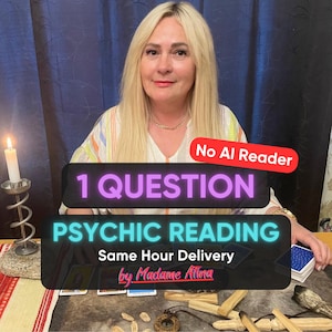 May include: A psychic reading service listing featuring text that reads No AI Reader, 1 QUESTION PSYCHIC READING, Same Hour Delivery, and by Madame Atina. The image displays a white candle in a metal holder, tarot cards, and wooden sticks.