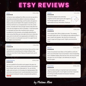 May include: A digital graphic titled ETSY REVIEWS by Madame Atina featuring six customer testimonials with five-star ratings. Each white review box displays a username, date, and detailed feedback regarding psychic reading services provided by Afina.
