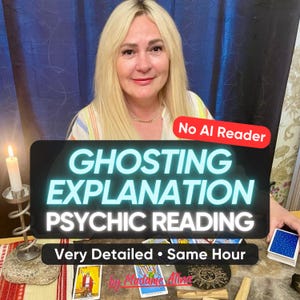 以下が含まれることがあります： ブロンドの髪の人物と「No AI Reader」「GHOSTING EXPLANATION PSYCHIC READING」「Very Detailed Same Hour」「by Madame Alina」というテキスト、タロットカード、火のついたキャンドルが写っているサイキックリーディングサービスのリスト。