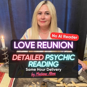 Pode incluir: Uma pessoa loira sentada atrás de uma mesa com cartas de tarô, uma vela acesa em um suporte de metal e varetas de madeira. O texto sobreposto diz: No AI Reader, LOVE REUNION, DETAILED PSYCHIC READING, Same Hour Delivery e by Madame Alina.