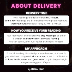 May include: A black informational graphic with white text titled ABOUT DELIVERY. It details delivery times within 24 hours, receipt via Etsy Messages as written or audio files, and an approach using Tarot cards, runes, and gemstones by Madame Atina.