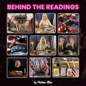 May include: A collage of nine images titled BEHIND THE READINGS by Madame Atina, featuring a person performing tarot card readings with candles, crystals, wooden moon phases, and sage bundles on a table, showcasing various spiritual practices.