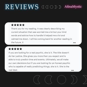 May include: Image featuring customer reviews for AfinaMystic. The word "REVIEWS" is at the top, with two white text boxes containing five-star ratings and positive feedback. The background is dark with crescent moon graphics.