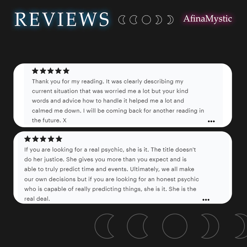 May include: Image featuring customer reviews for AfinaMystic. The word "REVIEWS" is at the top, with two white text boxes containing five-star ratings and positive feedback. The background is dark with crescent moon graphics.