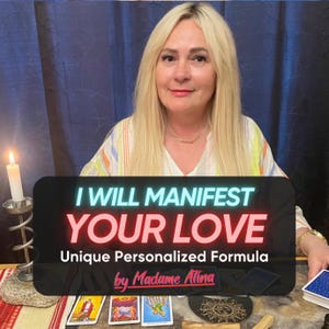 May include: A rectangular black graphic overlay with the white and red text I WILL MANIFEST YOUR LOVE Unique Personalized Formula by Madame Atina, positioned over a scene featuring tarot cards, a lit candle, and a deck of cards.