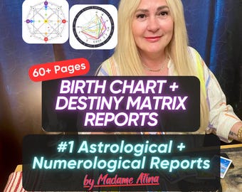 Peut inclure: Une personne aux cheveux blonds est assise derrière une table présentant des cartes de tarot et deux diagrammes astrologiques circulaires. Le texte indique 60+ Pages, BIRTH CHART + DESTINY MATRIX REPORTS, #1 Astrological + Numerological Reports by Madame Atina.
