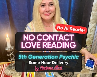 Può includere: Un annuncio per un servizio di chiaroveggenza con il testo NO CONTACT LOVE READING, 5th Generation Psychic, Same Hour Delivery, by Madame Alina e No AI Reader. L'immagine include carte dei tarocchi, una candela e bastoncini di legno.
