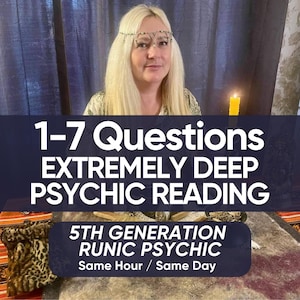 May include: A woman with blonde hair and a headband, with text overlay: "1-7 Questions, EXTREMELY DEEP PSYCHIC READING, 5TH GENERATION RUNIC PSYCHIC, Same Hour / Same Day." A lit candle is visible in the image.