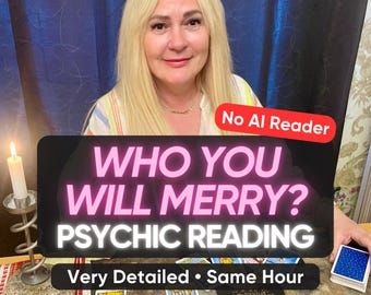 Può includere: Un servizio di lettura psichica con una persona bionda dietro un tavolo, carte dei tarocchi, una candela bianca in un supporto di metallo e il testo: No AI Reader, WHO YOU WILL MERRY? PSYCHIC READING, Very Detailed • Same Hour, by Madame Atina.