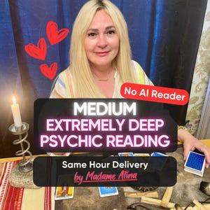 May include: A psychic reading service featuring a blonde individual behind a table with tarot cards, a lit white candle in a metal holder, and wooden sticks. Text reads: MEDIUM EXTREMELY DEEP PSYCHIC READING, No AI Reader, Same Hour Delivery by Madame Alina.
