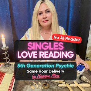 Op de afbeelding: Een persoon met blond haar zit achter een tafel met een brandende kaars, een kaartspel met blauwe achterkant en verspreide houten voorwerpen. Tekst: No AI Reader, SINGLES LOVE READING, 5th Generation Psychic, Same Hour Delivery, by Madame Alina.