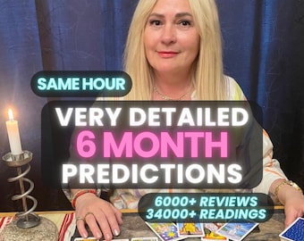 Peut inclure: Une personne aux cheveux blonds assise derrière une table avec des cartes de tarot, une bougie allumée dans un bougeoir en métal et des textes SAME HOUR, VERY DETAILED 6 MONTH PREDICTIONS, 6000+ REVIEWS 34000+ READINGS. Les cartes présentent des illustrations.