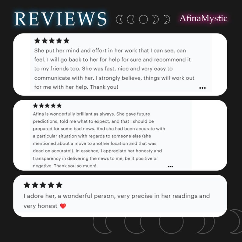 May include: Image featuring customer reviews for AfinaMystic. The reviews are displayed in white text boxes against a dark background. The word "REVIEWS" is at the top, with the shop name "AfinaMystic" in the upper right corner. Each review includes a star rating.
