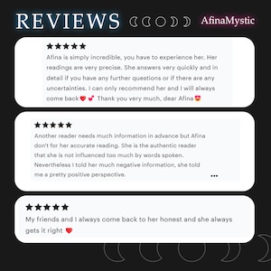 May include: Image featuring customer reviews with a dark background and the text "REVIEWS" at the top. The reviews are in white boxes with star ratings and testimonials about AfinaMystic's services. The name "AfinaMystic" is also displayed.