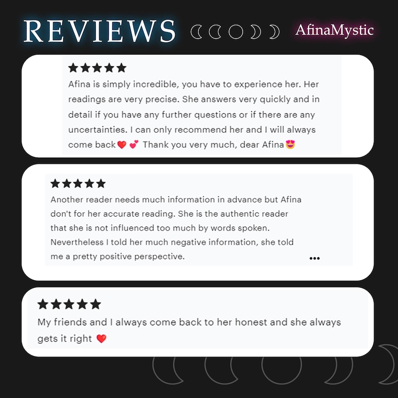 May include: Image featuring customer reviews with a dark background and the text "REVIEWS" at the top. The reviews are in white boxes with star ratings and testimonials about AfinaMystic's services. The name "AfinaMystic" is also displayed.