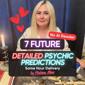 Puede incluir: Una persona rubia sentada tras una mesa con una vela encendida, cartas del tarot y palitos de madera. El texto superpuesto dice: No AI Reader, 7 FUTURE DETAILED PSYCHIC PREDICTIONS, Same Hour Delivery y by Madame Alina, junto a tres corazones rojos.