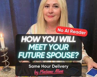 Può includere: Un set per la lettura dei tarocchi con un mazzo di carte, tre carte disposte, una candela in un supporto di metallo e un tappetino circolare a tema solare. Il testo recita: No AI Reader, HOW YOU WILL MEET YOUR FUTURE SPOUSE?, Same Hour Delivery by Madame Atina.